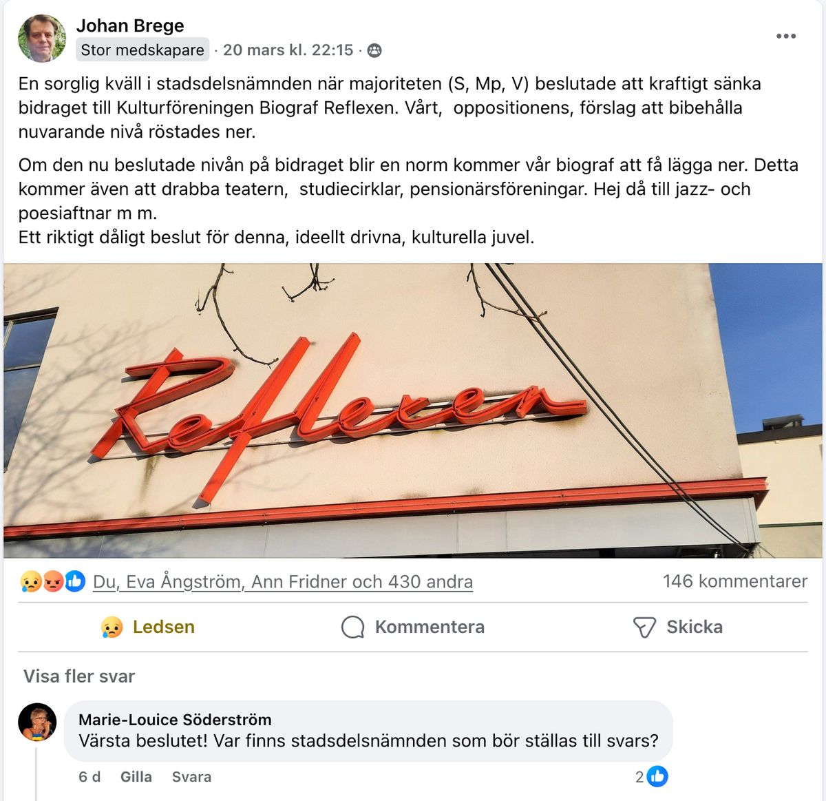 Skärmdump från inlägg om biograf Reflexen i Facebookgruppen, Kärrtorp, kära Kärrtorp