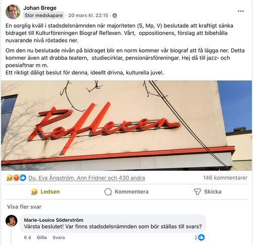 Skärmdump från inlägg om biograf Reflexen i Facebookgruppen, Kärrtorp, kära Kärrtorp